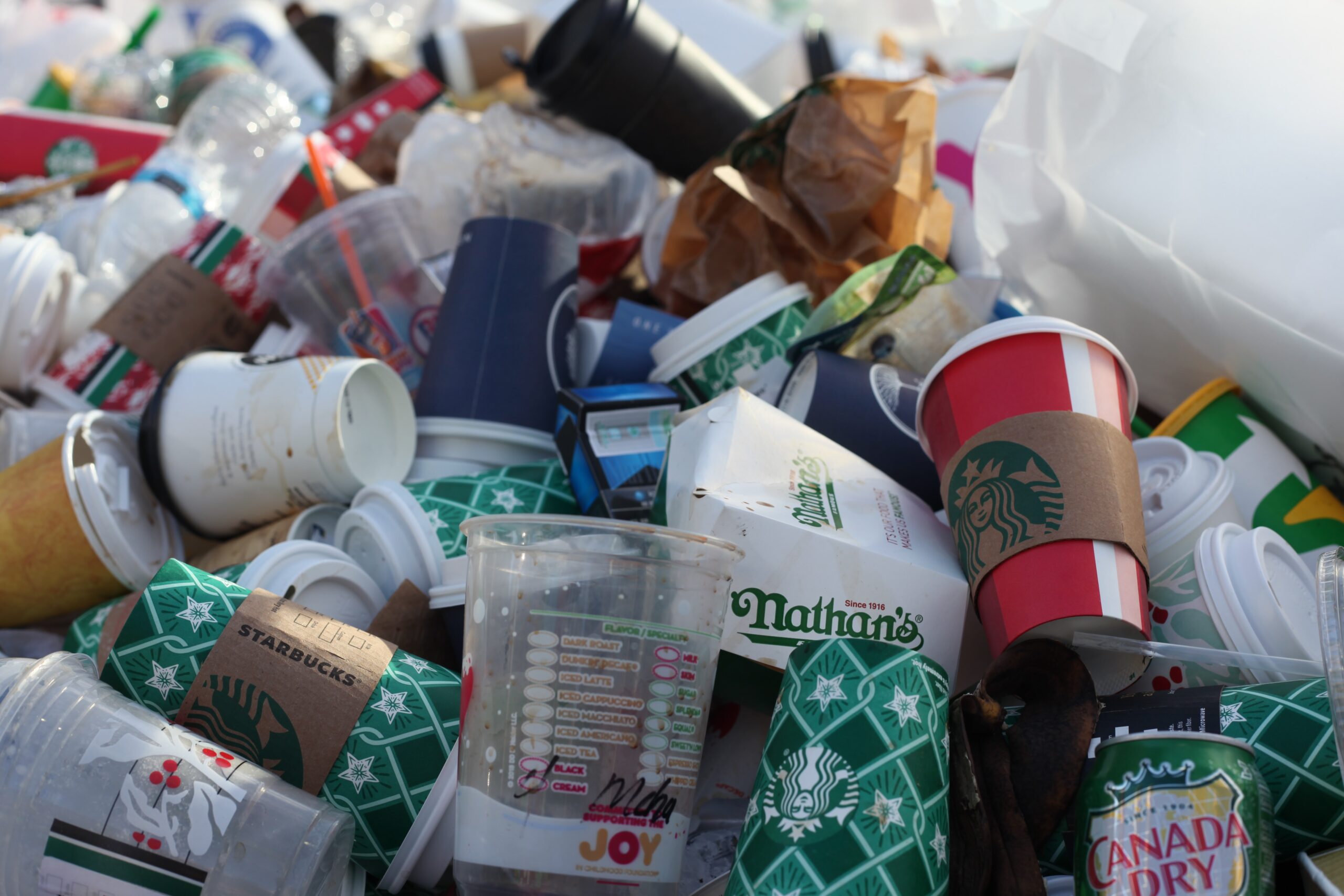 Several single use containers and cups thrown in garbage