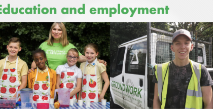 Image shows a woman standing behind 4 smiling children and another image on the side shows a man wearing a reflective vest and looking at the camera