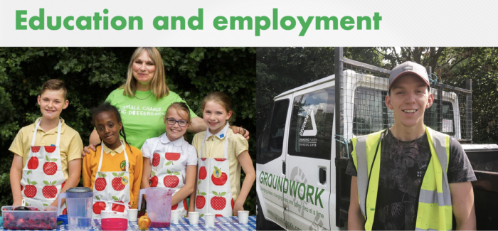 Image shows a woman standing behind 4 smiling children and another image on the side shows a man wearing a reflective vest and looking at the camera